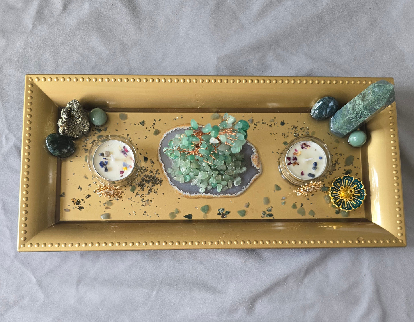 Green Aventurine, Pyrite & Moss Agate Mini Altar/ Meditation Table
