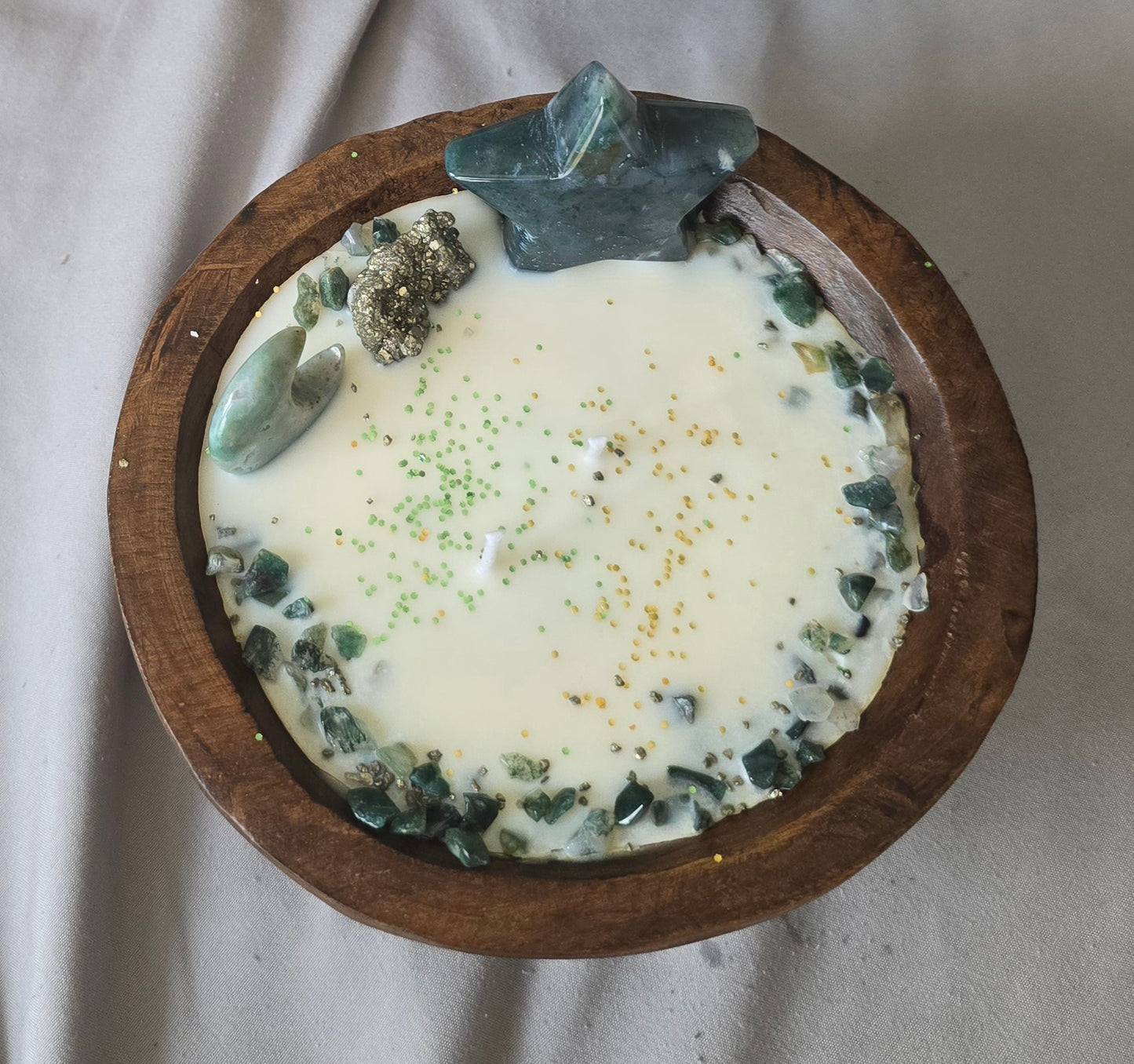 Dough Bowl Soy Candle with Moss Agate and Pyrite
