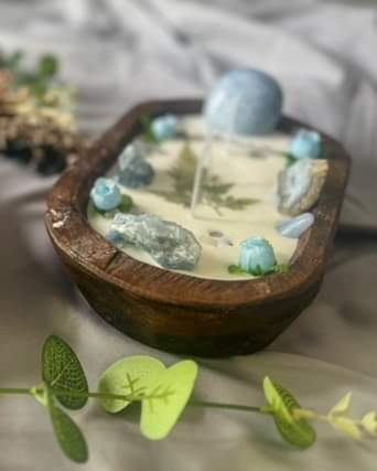 Dough Bowl Candles with Blue Calcite, Celestite & Blue Lace Agate