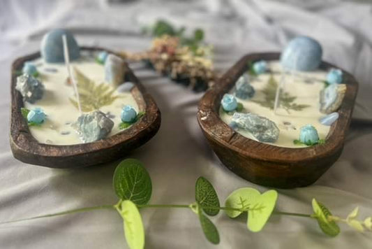 Dough Bowl Candles with Blue Calcite, Celestite & Blue Lace Agate