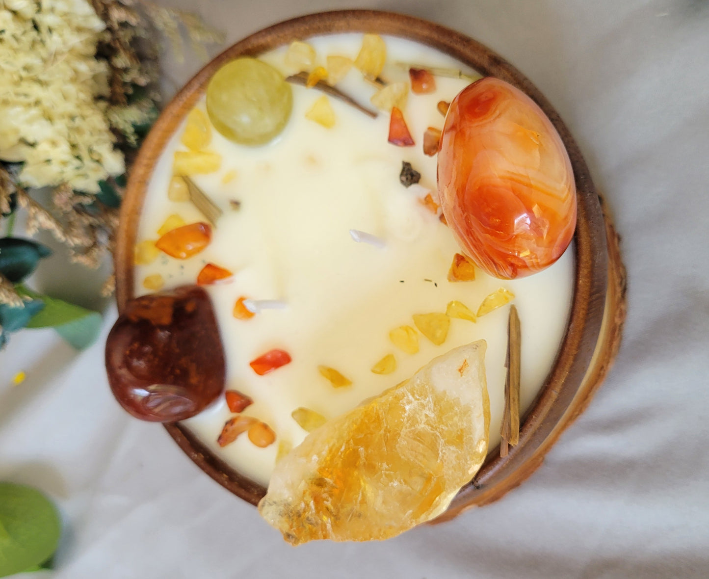 Acacia Bowl Soy Candles with Carnelian and Citrine