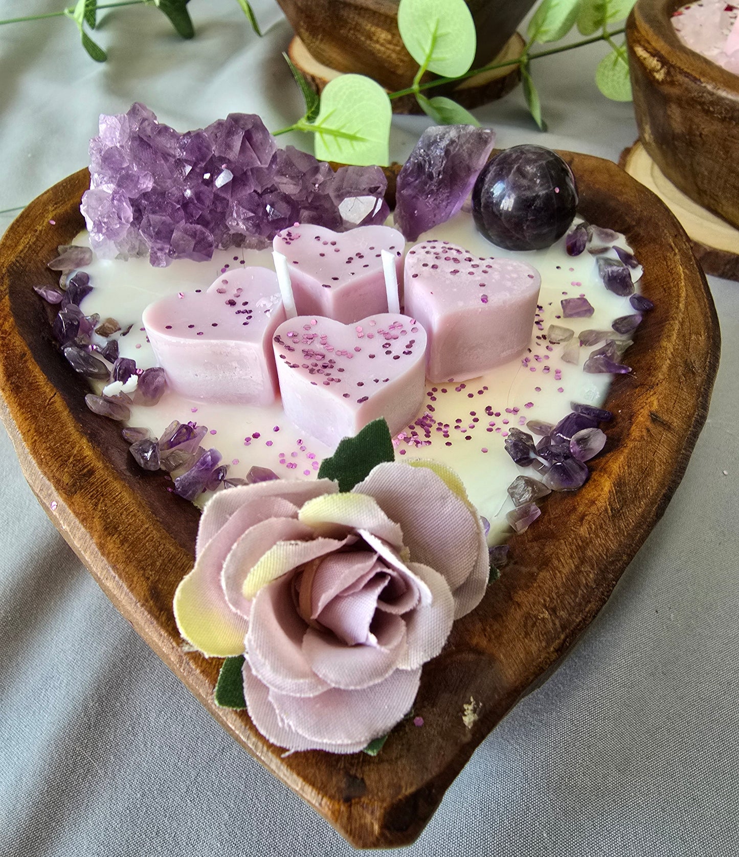 Heart Shaped Dough Bowl Candles with Crystals